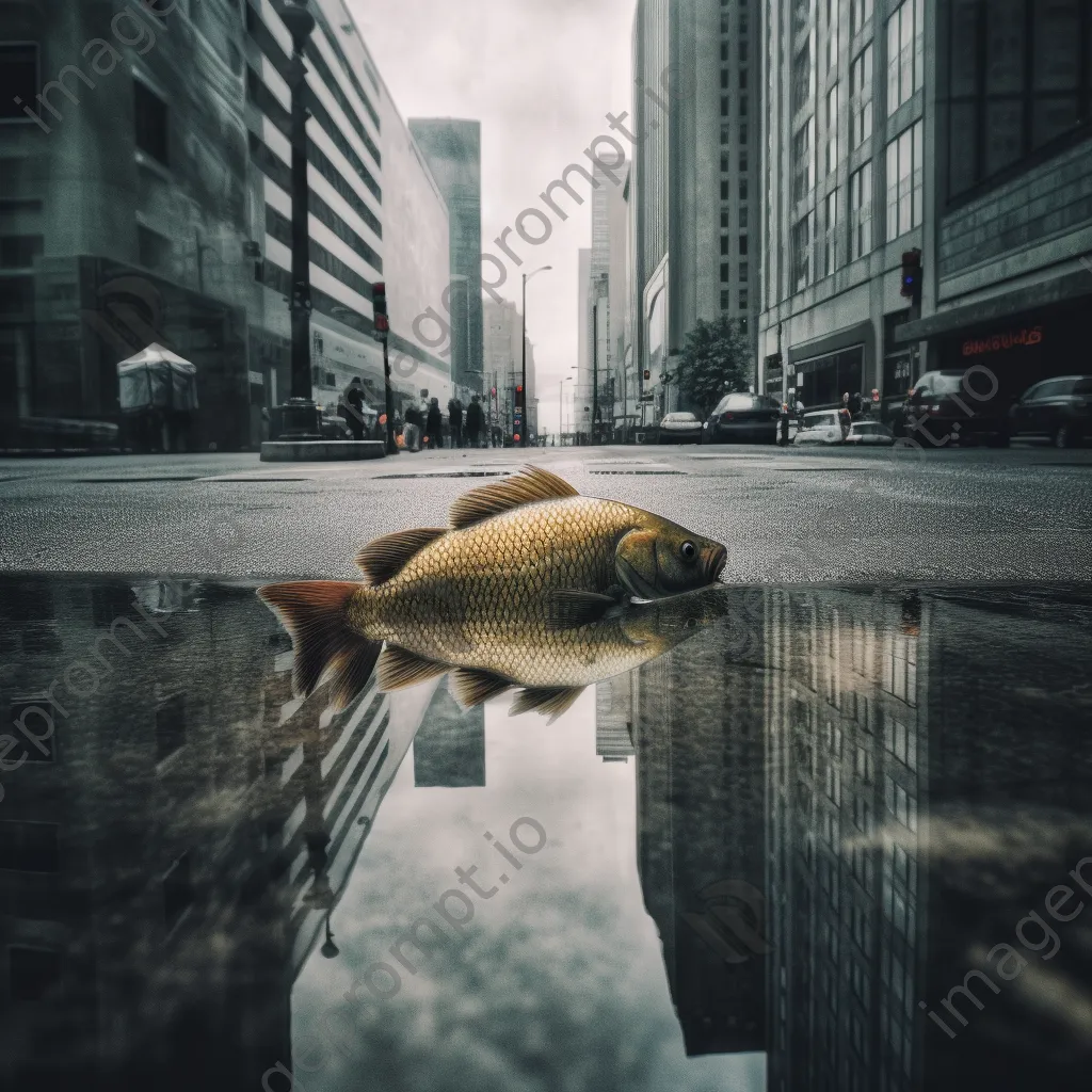 An enormous fish swimming down a wet city street with built skyscrapers surrounding it. - Image 3