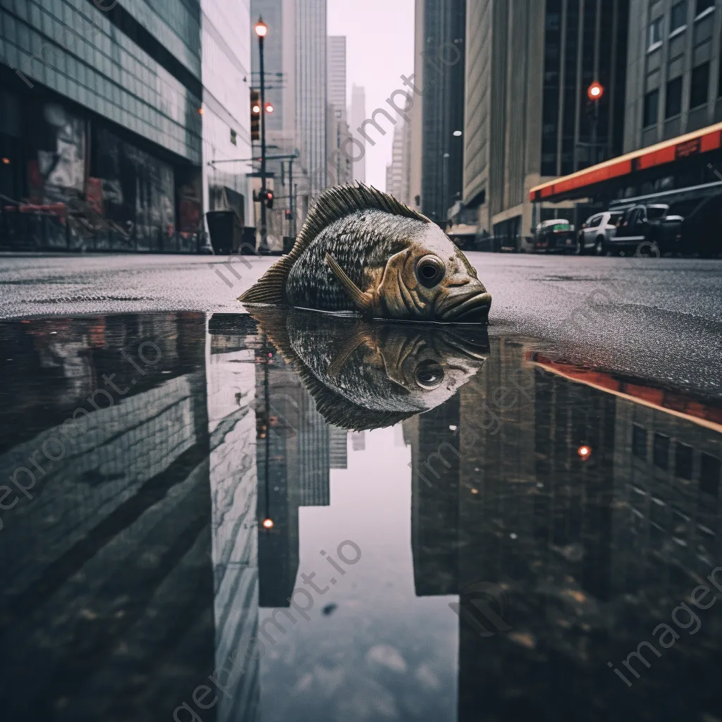 An enormous fish swimming down a wet city street with built skyscrapers surrounding it. - Image 4