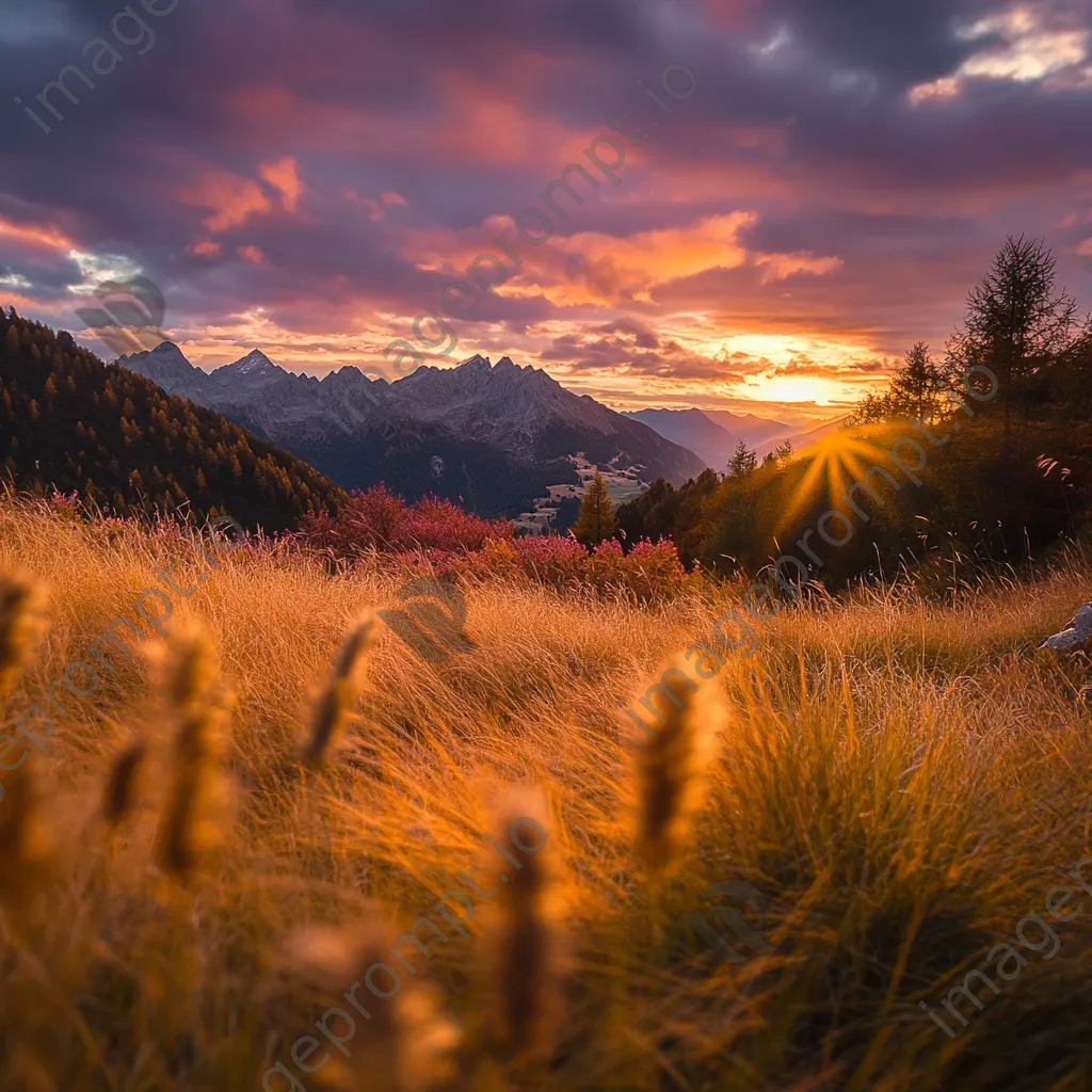 An autumn scene in an alpine meadow with golden grasses at sunset. - Image 1