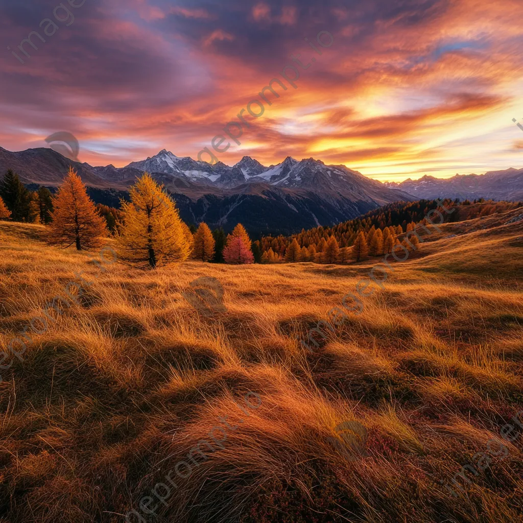 An autumn scene in an alpine meadow with golden grasses at sunset. - Image 2