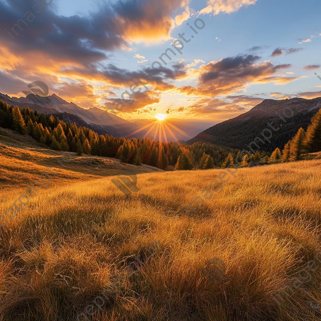 An autumn scene in an alpine meadow with golden grasses at sunset. - Image 3