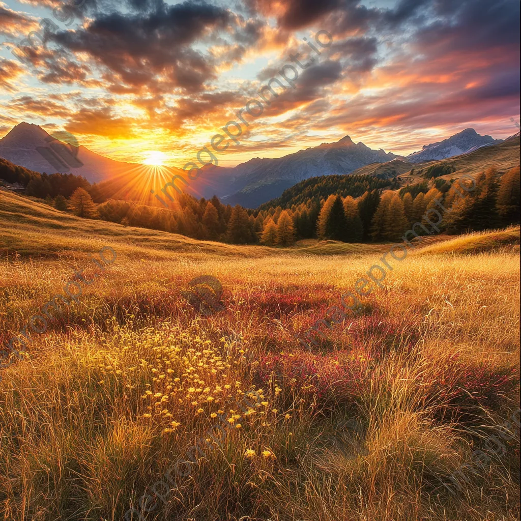 An autumn scene in an alpine meadow with golden grasses at sunset. - Image 4