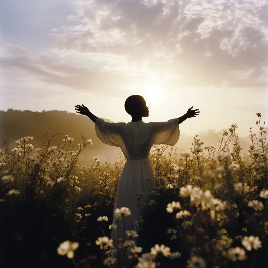 Woman standing in field of flowers reaching towards sun - Image 1