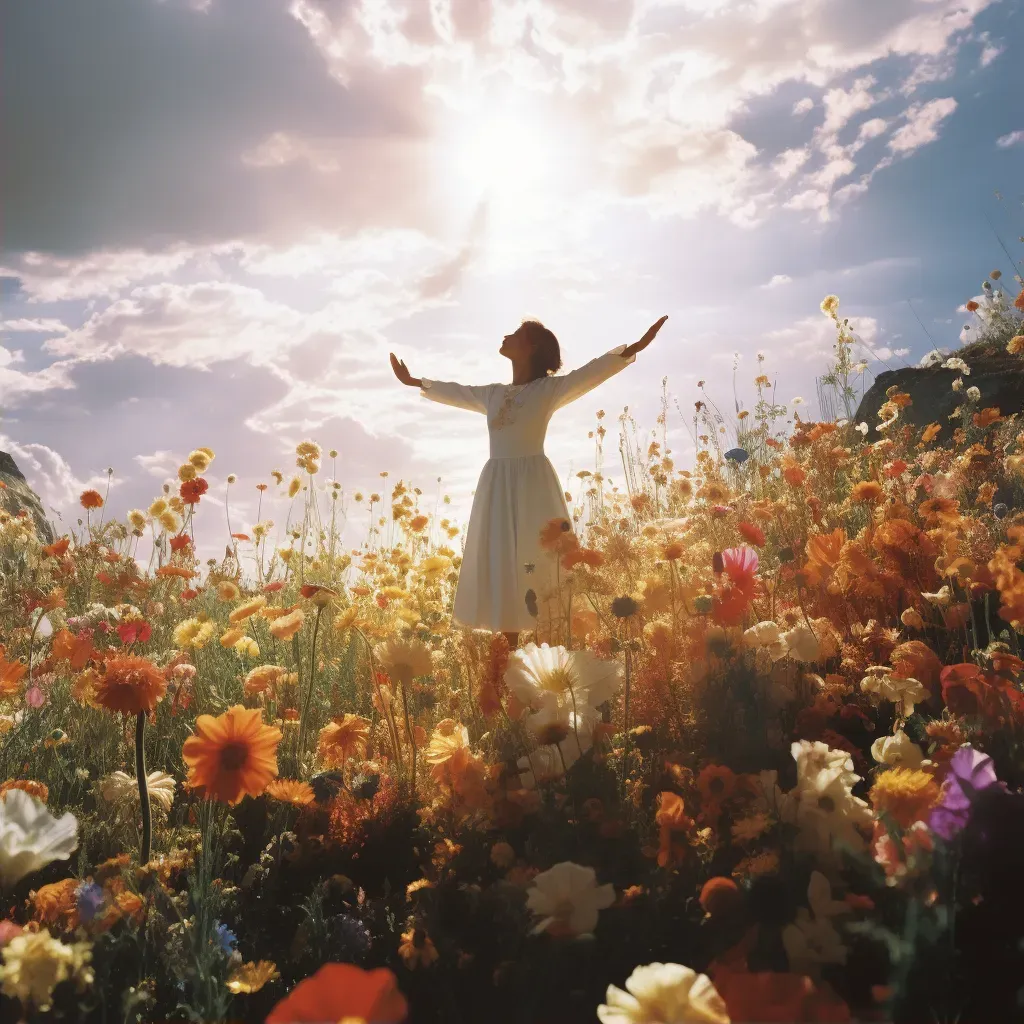 Woman standing in field of flowers reaching towards sun - Image 2