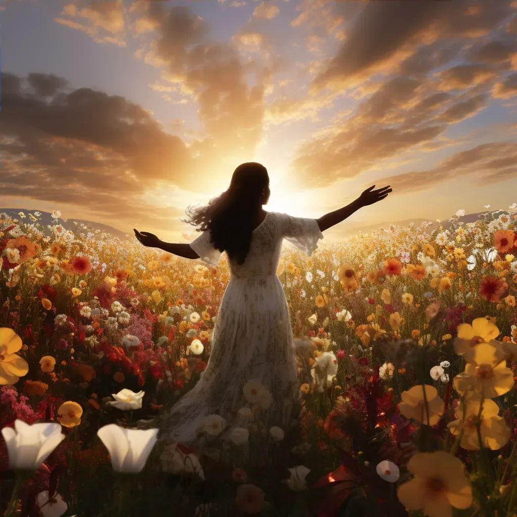 Woman Reaching for Sun in Field of Flowers