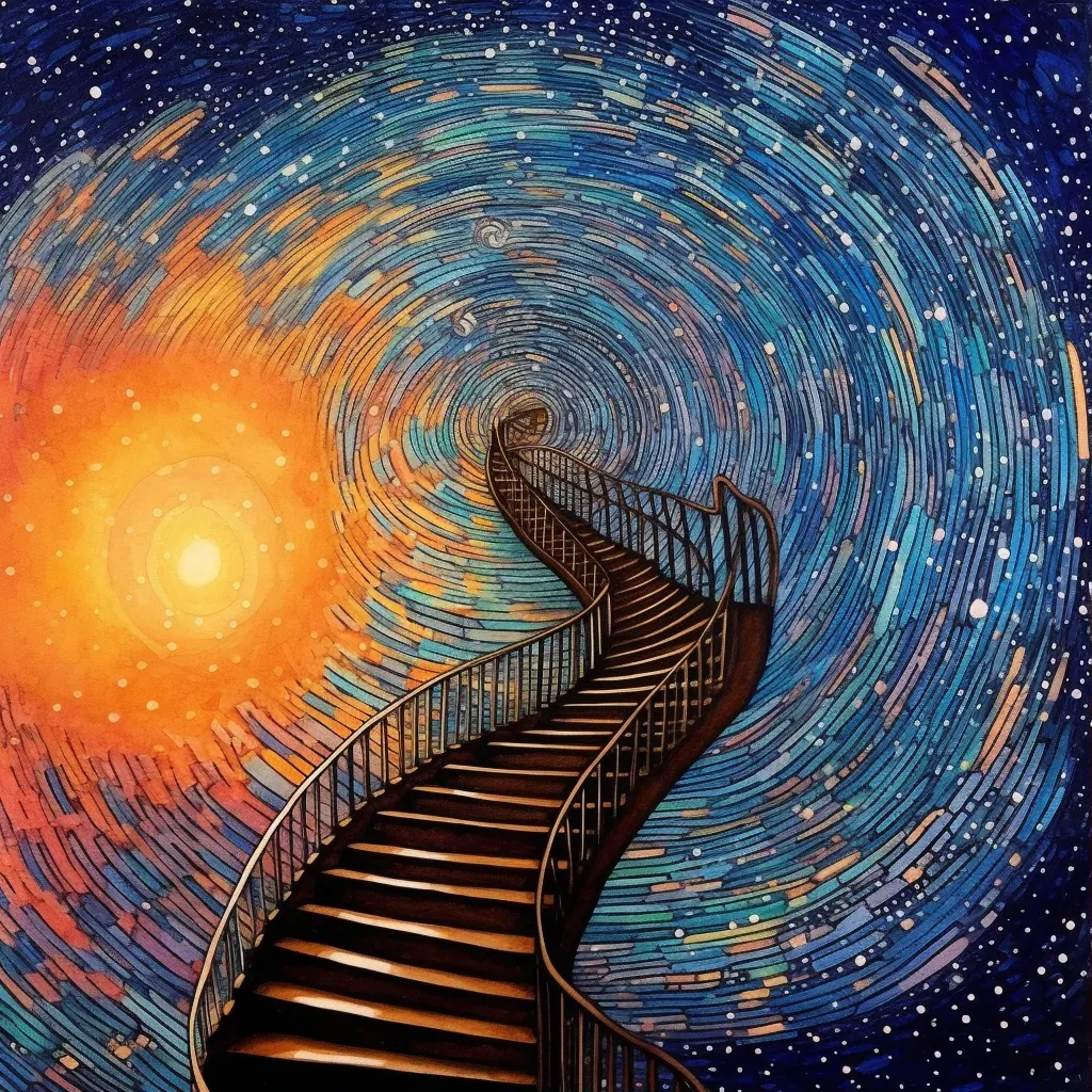 Spiraling staircase ascending towards star-filled sky - Image 1