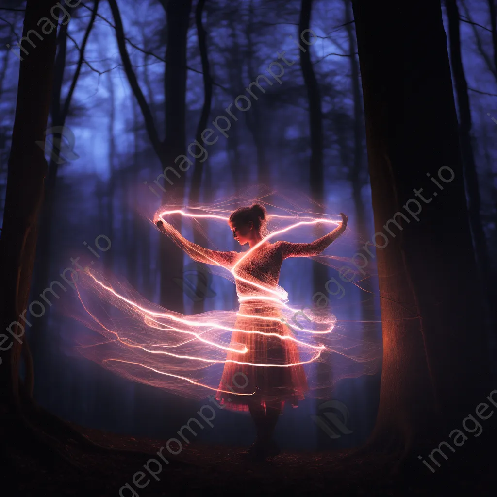 Dancer with LED sticks creating light trails in a dark forest. - Image 1