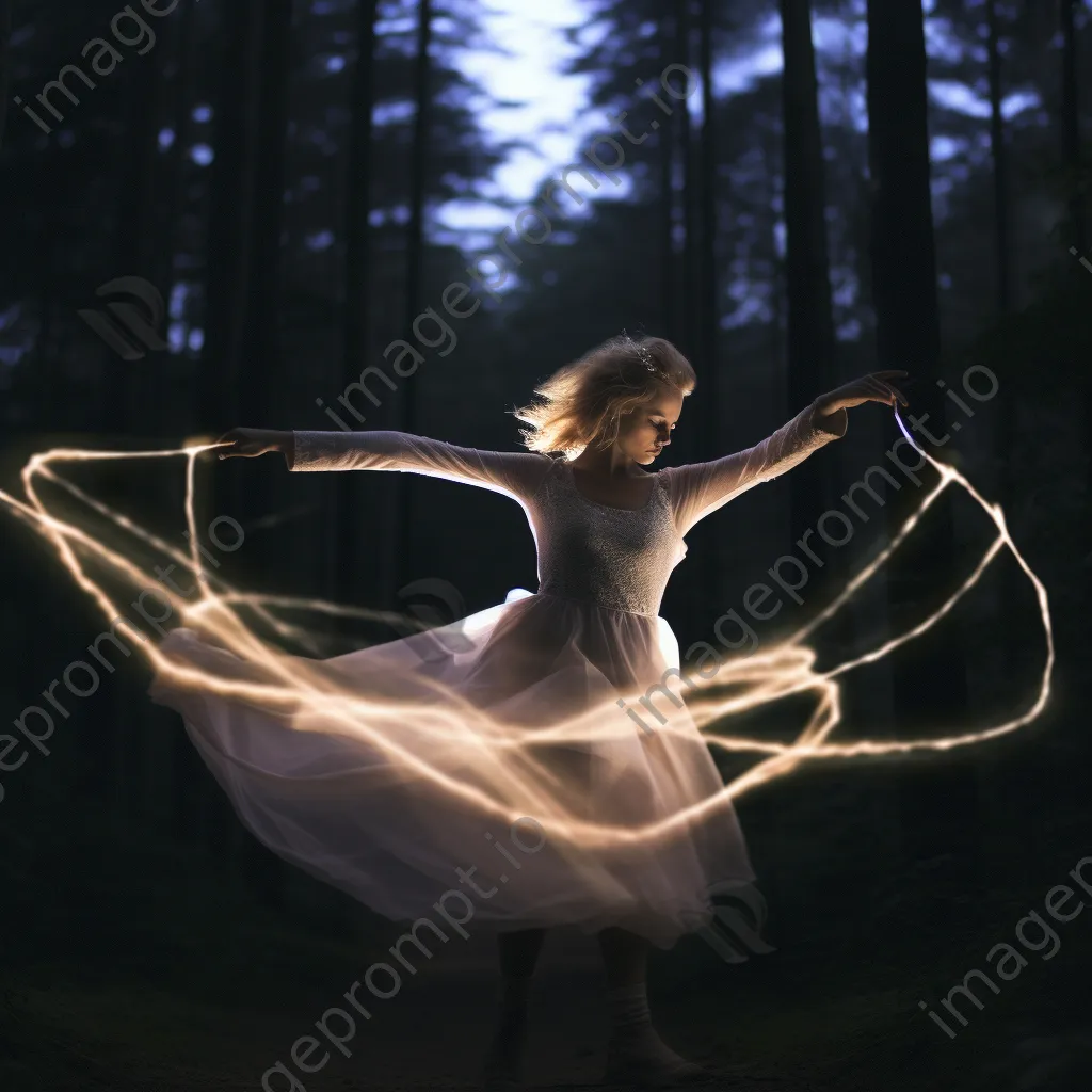 Dancer with LED sticks creating light trails in a dark forest. - Image 2