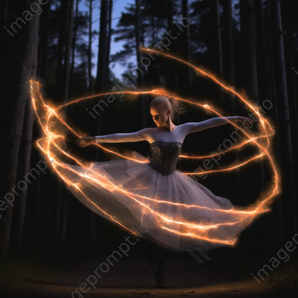 Dancer with LED sticks creating light trails in a dark forest. - Image 3