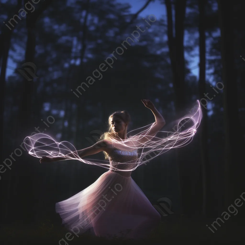 Dancer with LED sticks creating light trails in a dark forest. - Image 4