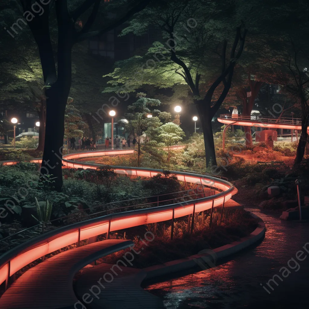 Urban park at night illuminated with soft neon hues - Image 2