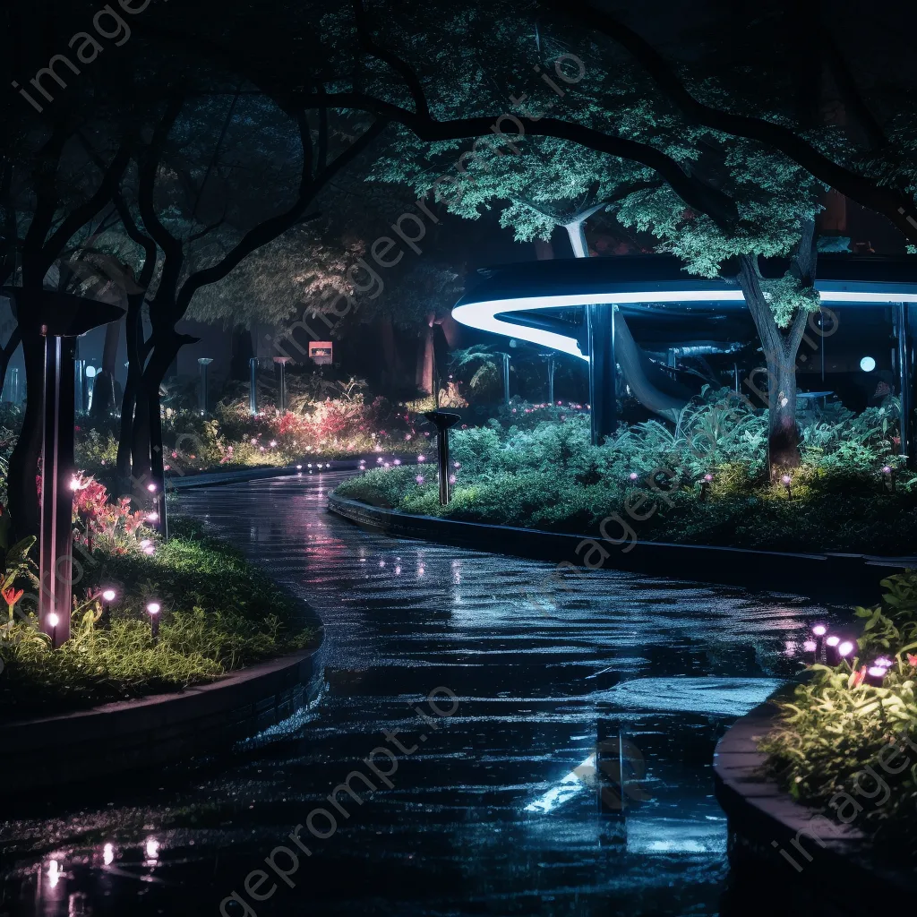 Urban park at night illuminated with soft neon hues - Image 3