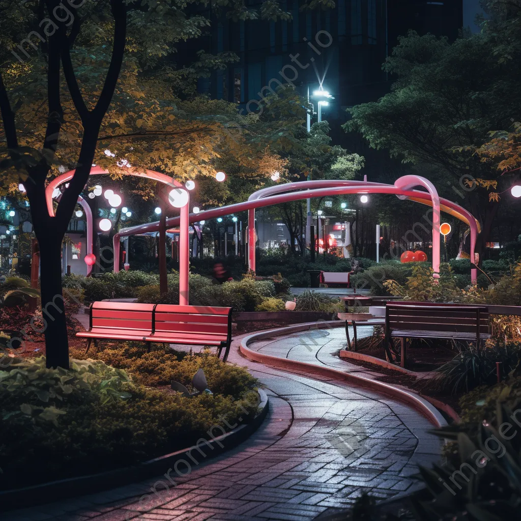 Urban park at night illuminated with soft neon hues - Image 4