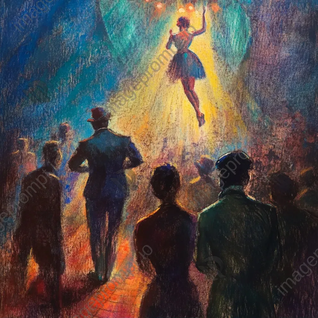 Artwork of a vibrant circus scene with dramatic shadows of performers against the spotlight - Image 2