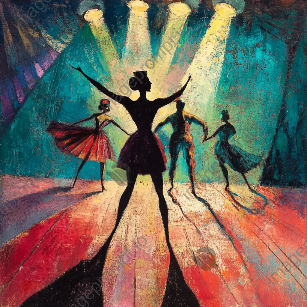 Artwork of a vibrant circus scene with dramatic shadows of performers against the spotlight - Image 3