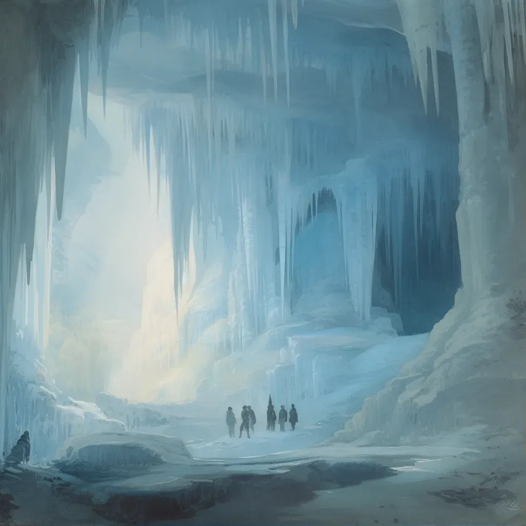 Glimpse inside a cavernous ice cave with hanging stalactites and rising stalagmites - Image 1