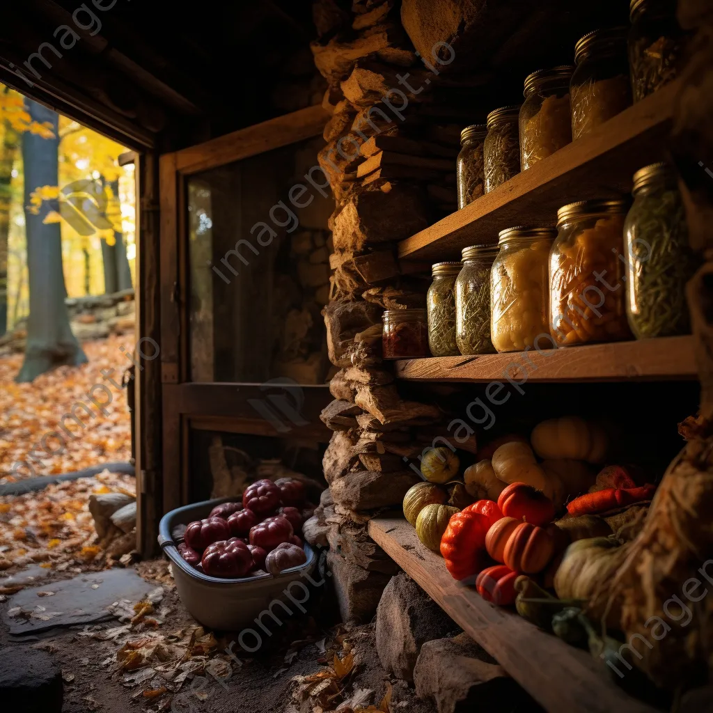 Rustic root cellar with preserved foods and autumn leaves. - Image 2