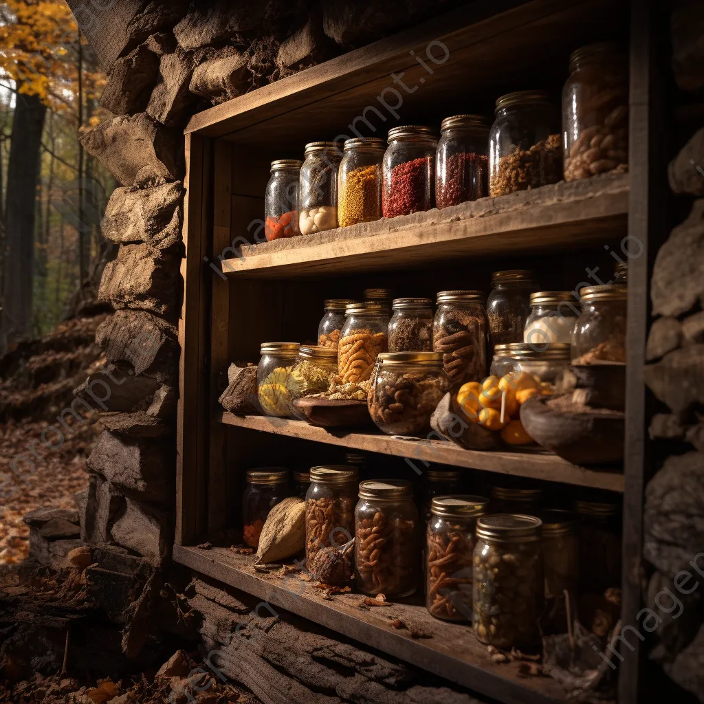 Rustic root cellar with preserved foods and autumn leaves. - Image 4