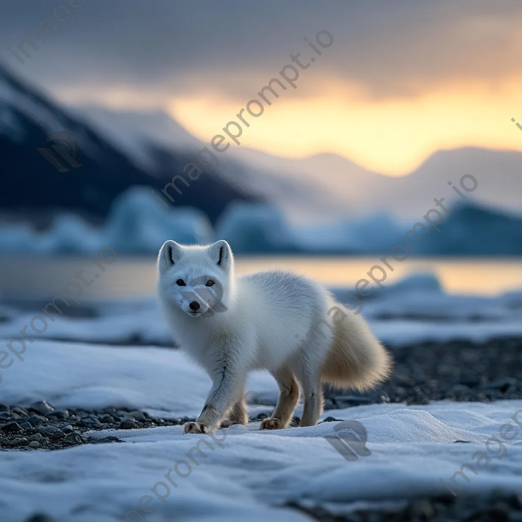 Polar fox trotting in a snowy glacier landscape at twilight - Image 1