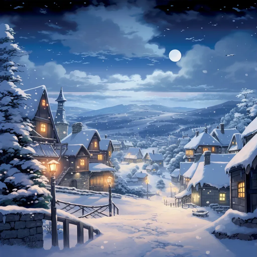 Snow-covered village on winter night with falling snowflakes - Image 3