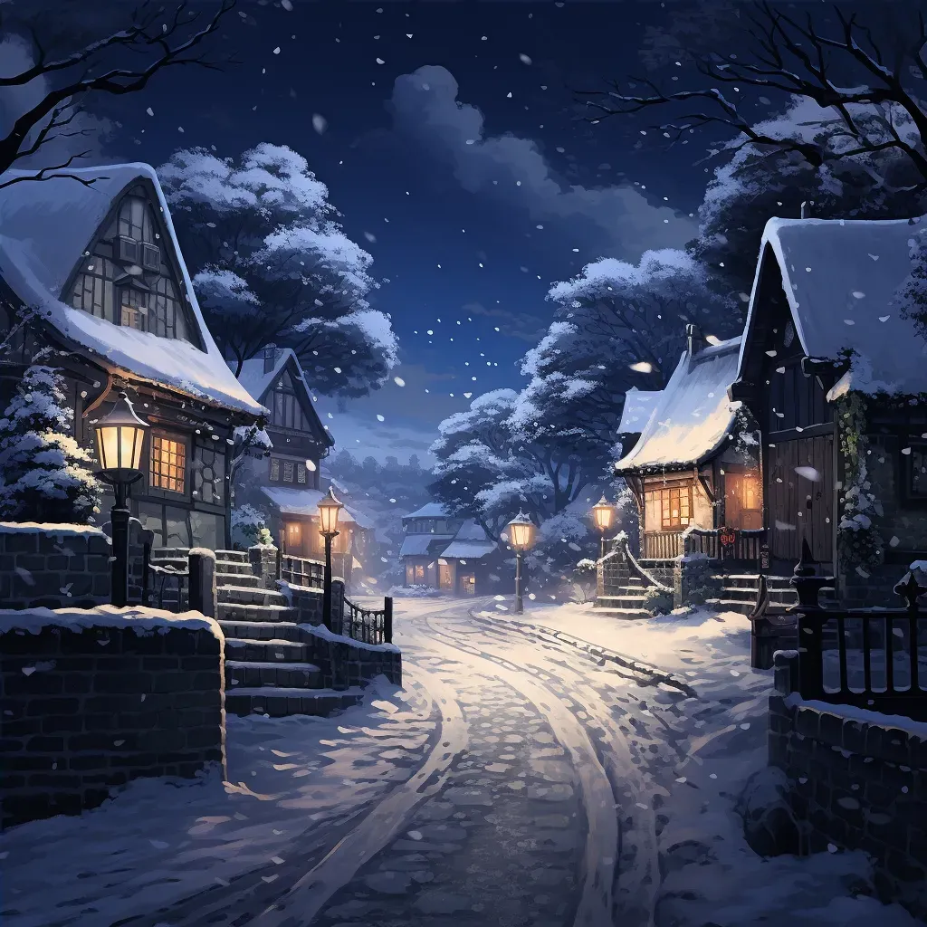 Snow-covered village on winter night with falling snowflakes - Image 4