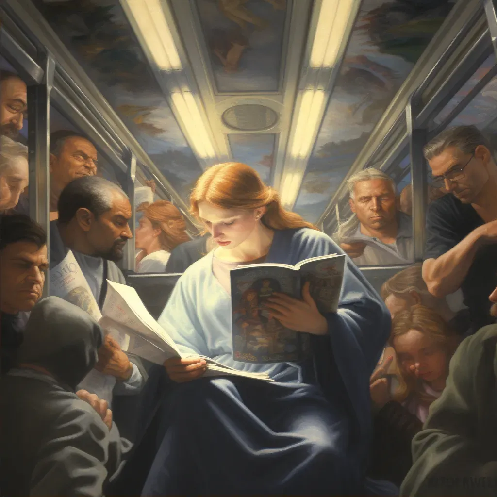 Heavenly figure reading comic in rush hour train - Image 2