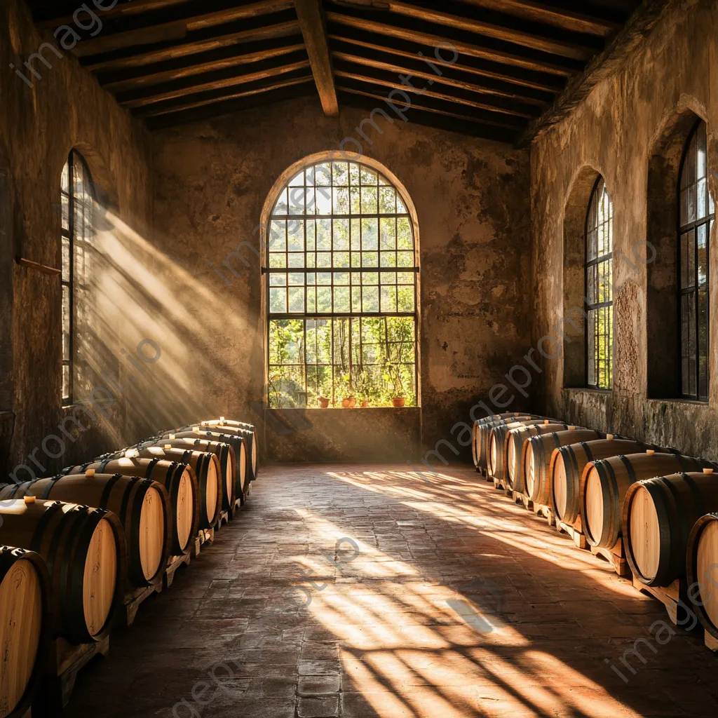 Interior view of a rustic winery with barrels - Image 1