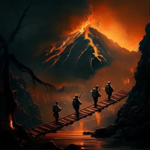 Warriors crossing bridge over fiery volcano under ominous sky - Image 1