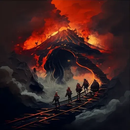 Warriors crossing bridge over fiery volcano under ominous sky - Image 3