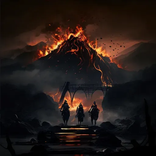 Warriors crossing bridge over fiery volcano under ominous sky - Image 4