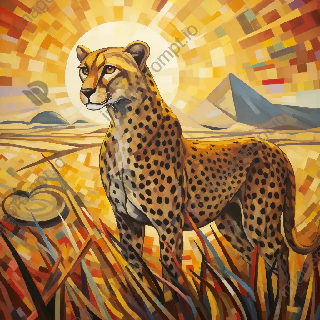 Cubist style depiction of a sunlit cheetah on the hunt on an African plain - Image 1