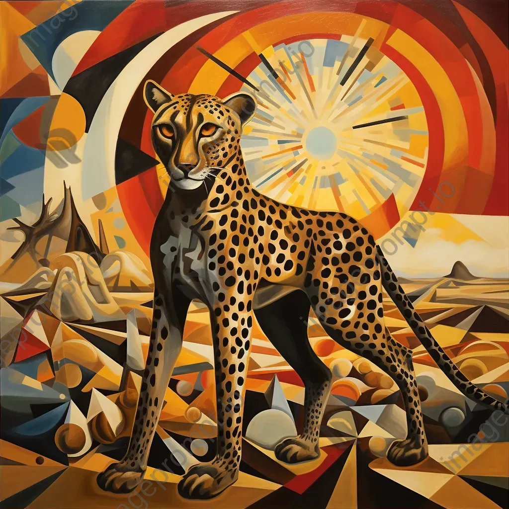 Cubist style depiction of a sunlit cheetah on the hunt on an African plain - Image 2