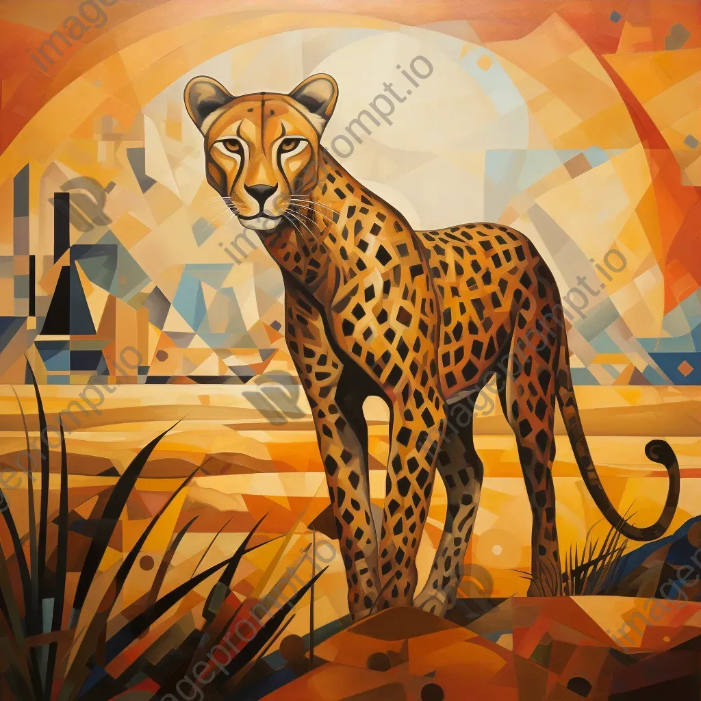 Cubist style depiction of a sunlit cheetah on the hunt on an African plain - Image 3