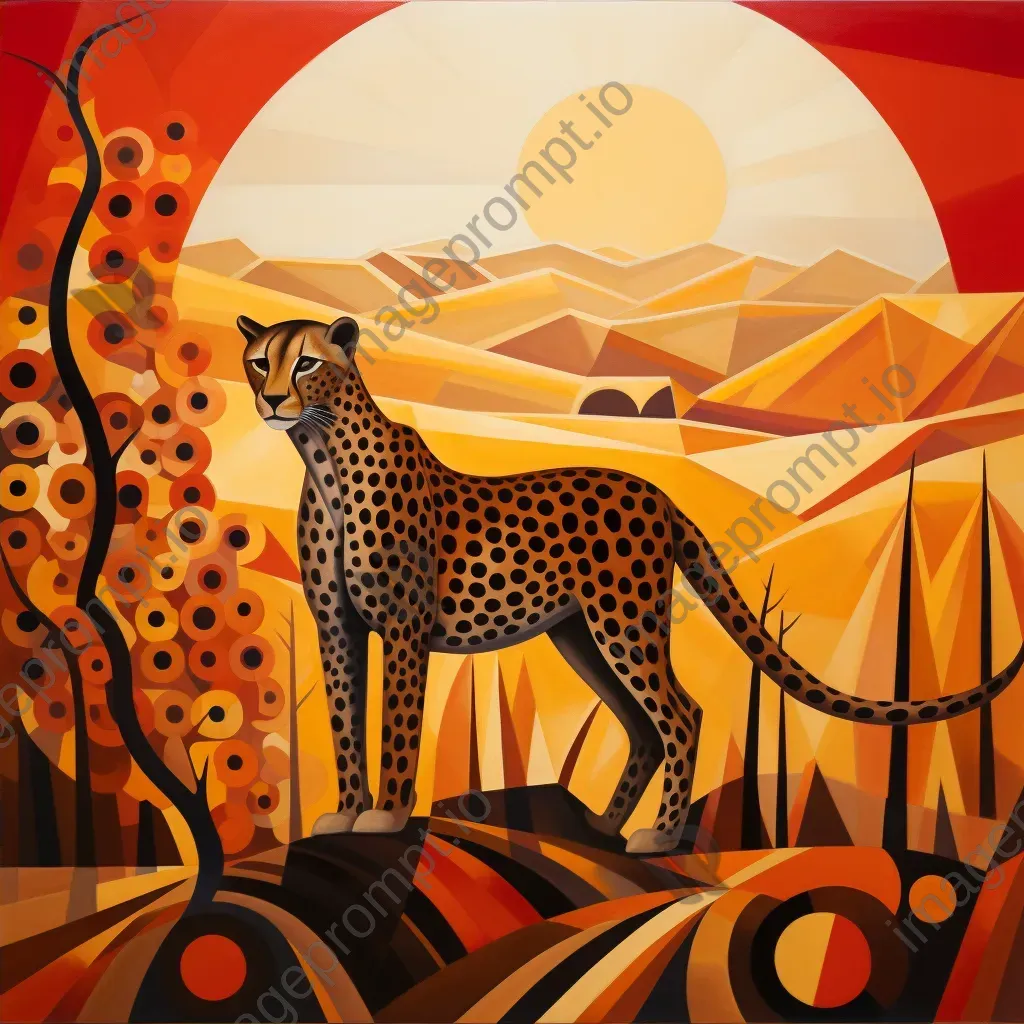 Cubist style depiction of a sunlit cheetah on the hunt on an African plain - Image 4