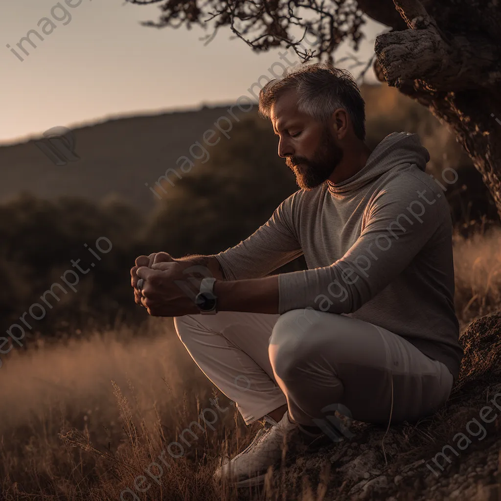 Person meditating in nature while wearing smartwatch - Image 1