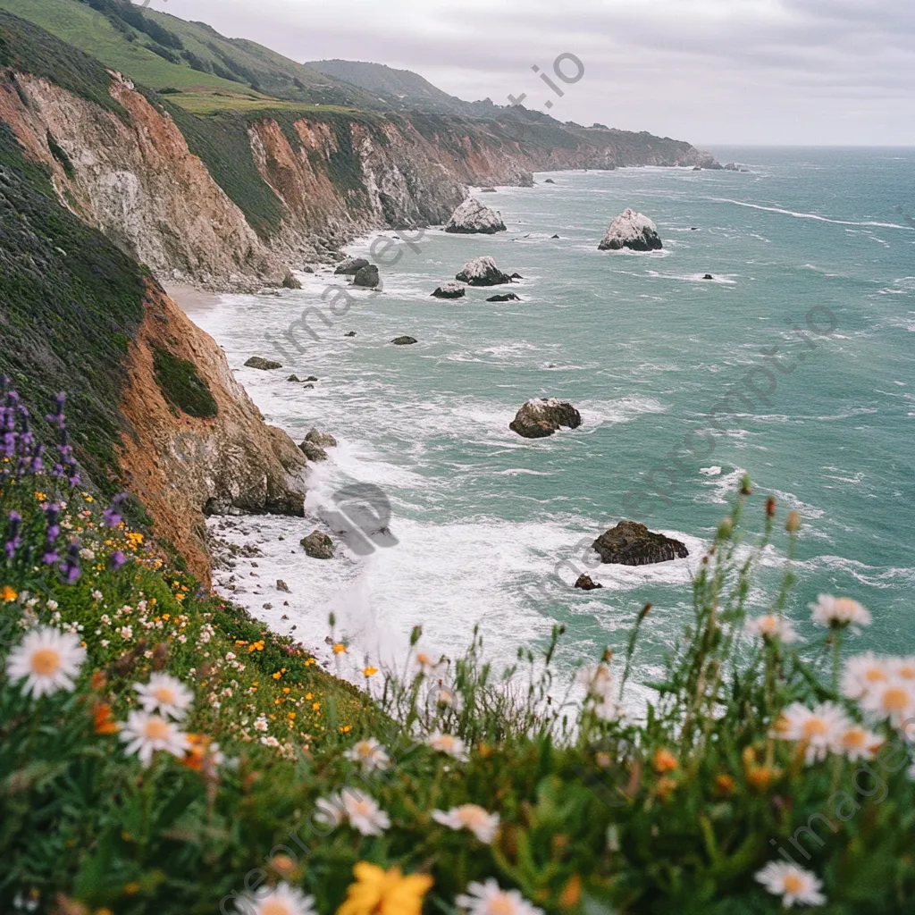 Coastal hiking trail with dramatic cliffs and blooming wildflowers beside crashing waves. - Image 1