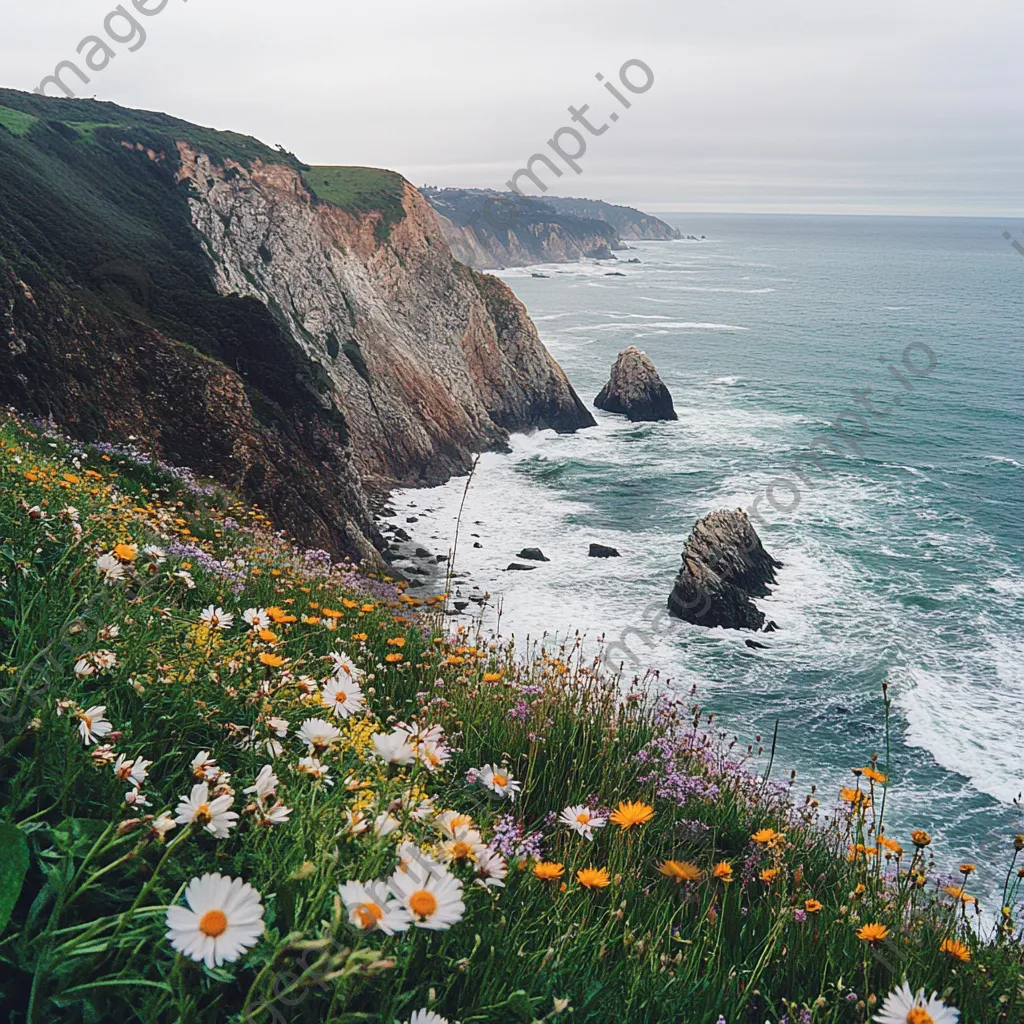 Coastal hiking trail with dramatic cliffs and blooming wildflowers beside crashing waves. - Image 2