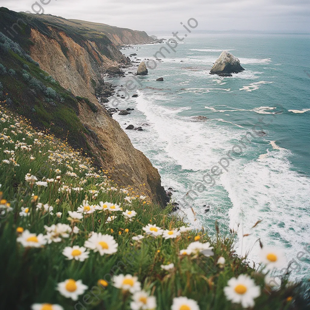 Coastal hiking trail with dramatic cliffs and blooming wildflowers beside crashing waves. - Image 3