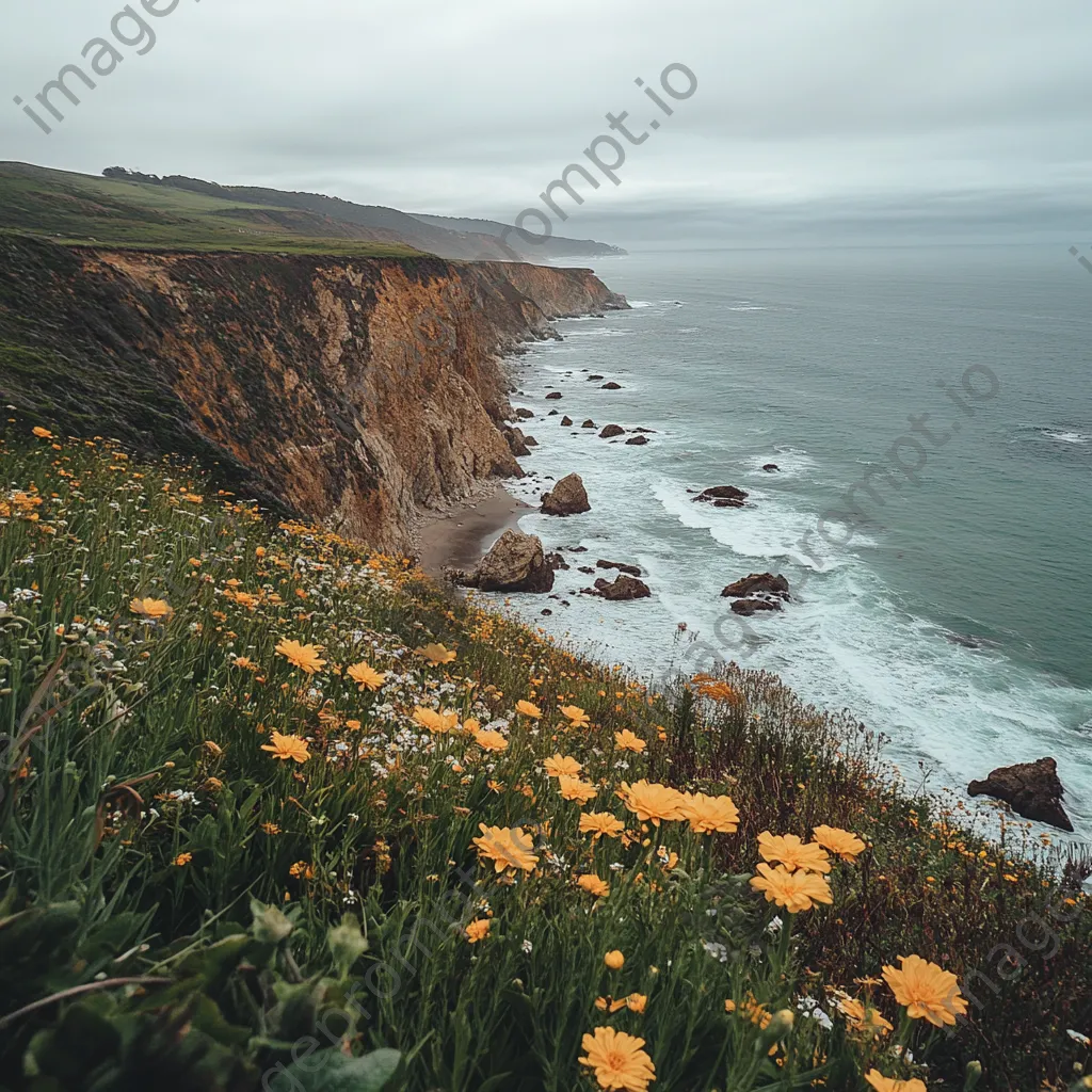 Coastal hiking trail with dramatic cliffs and blooming wildflowers beside crashing waves. - Image 4