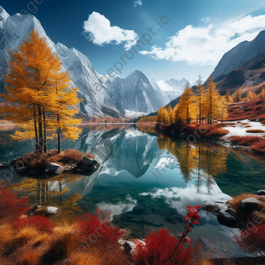 Mountain valley in autumn with colorful foliage and calm lake - Image 3