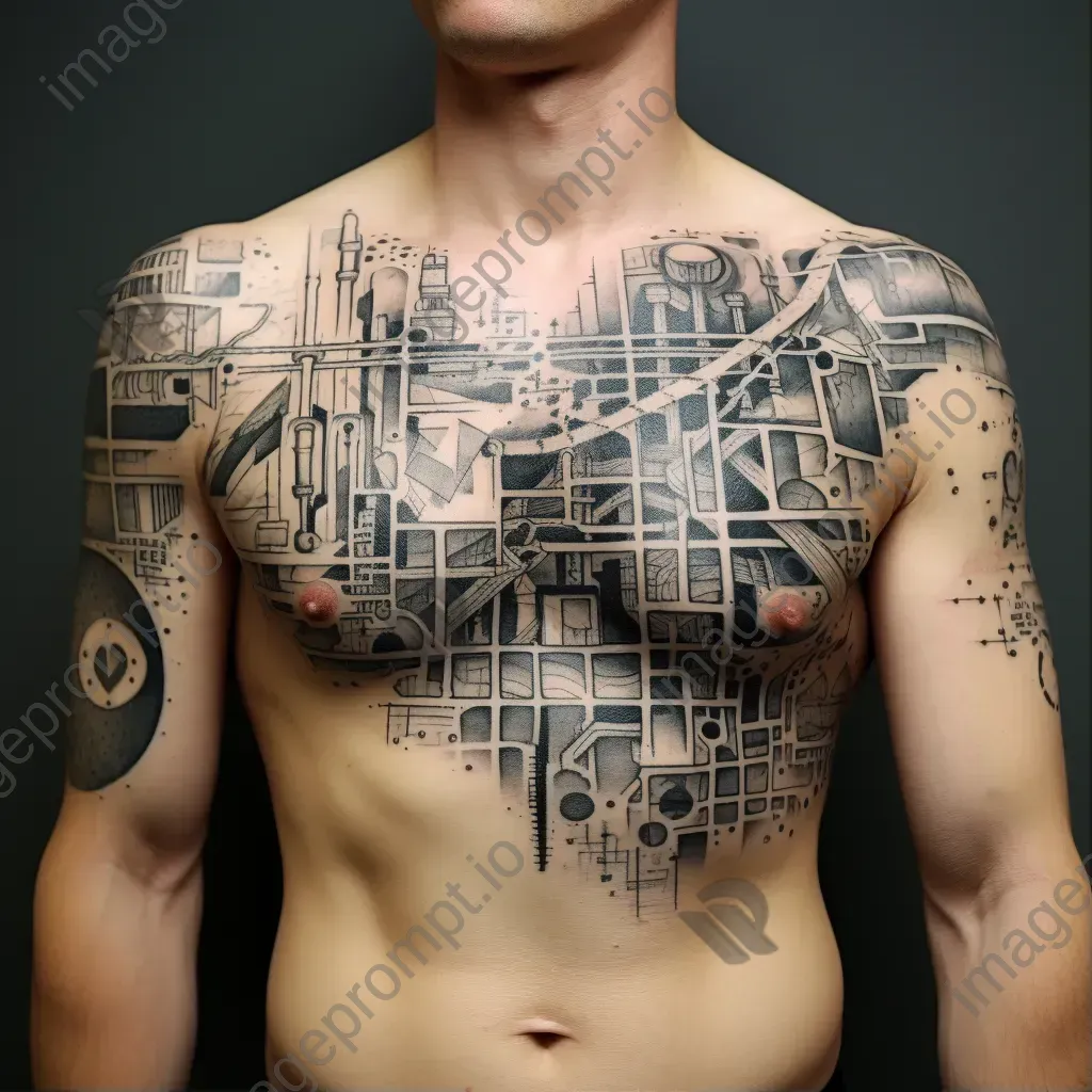 Architect with blueprint tattoos forming a modern cityscape - Image 1