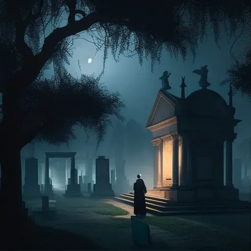 Image of a foggy cemetery at night with a lone figure standing before an open grave - Image 1