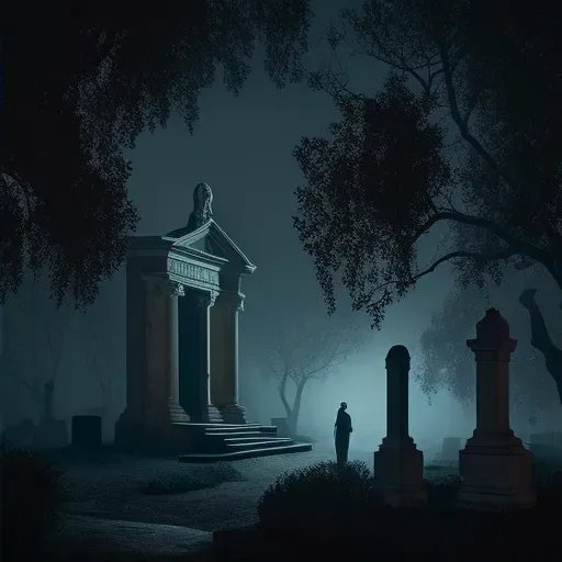 Image of a foggy cemetery at night with a lone figure standing before an open grave - Image 2