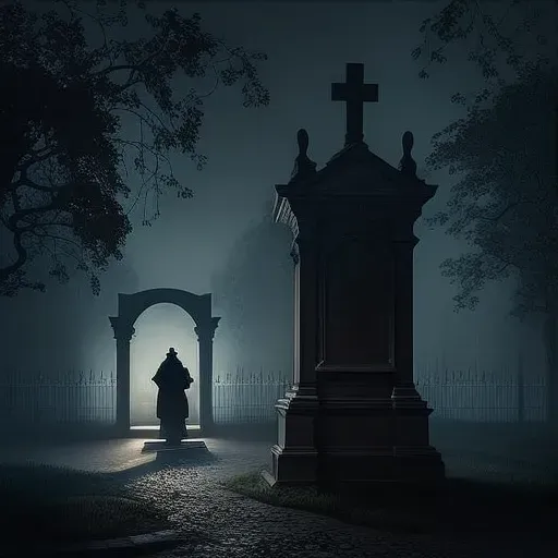 Image of a foggy cemetery at night with a lone figure standing before an open grave - Image 3