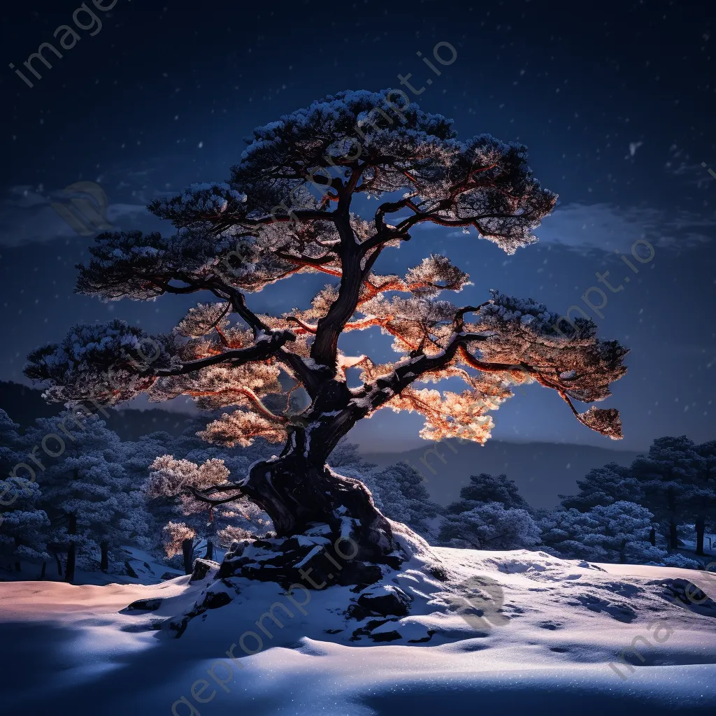 Pine tree glowing with lantern light in snow - Image 1