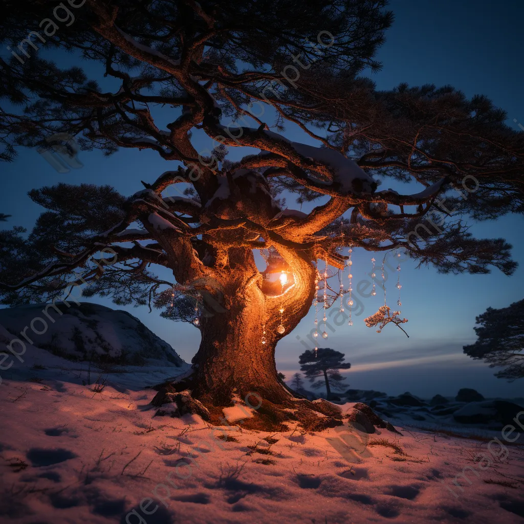 Pine tree glowing with lantern light in snow - Image 2