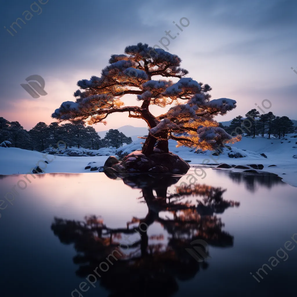 Pine tree glowing with lantern light in snow - Image 4