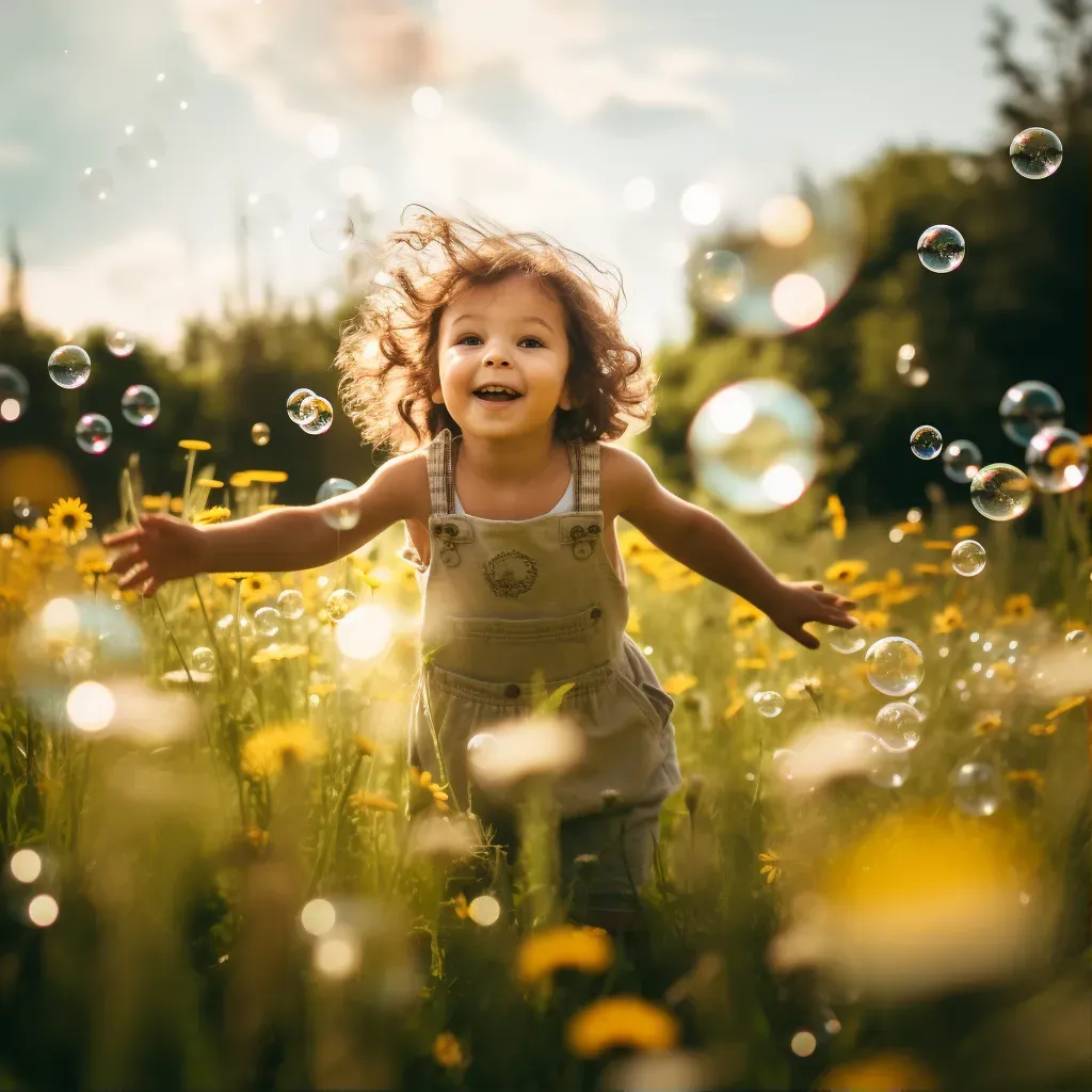 A child chasing bubbles in a field of wildflowers - Image 1