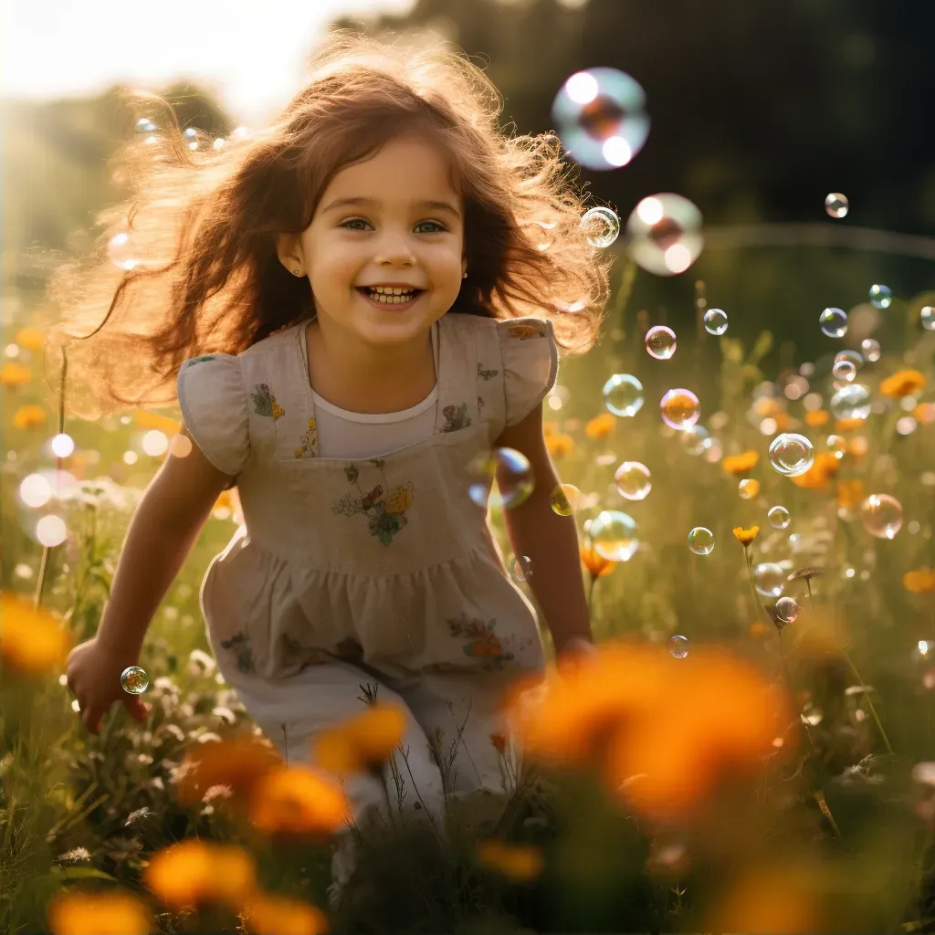 A child chasing bubbles in a field of wildflowers - Image 2