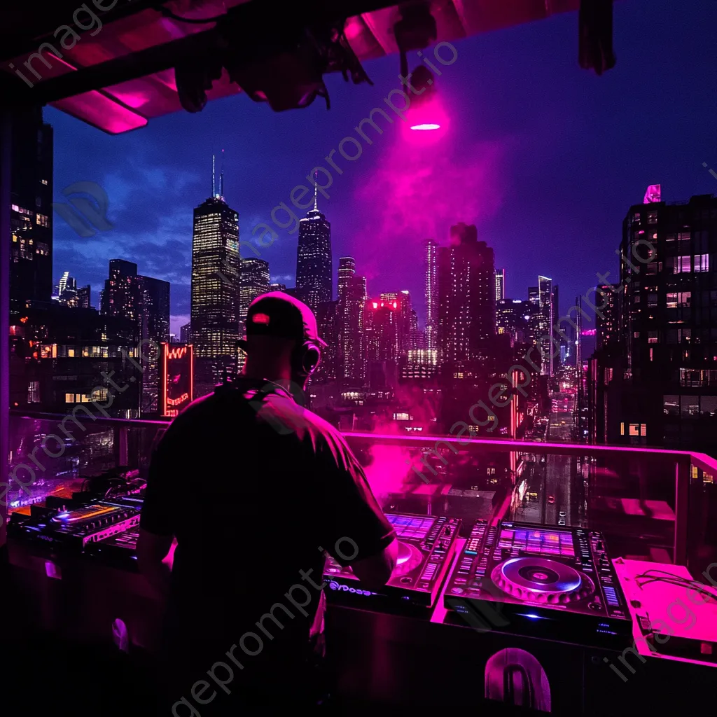 DJ performing at a rooftop party with city skyline backdrop. - Image 1